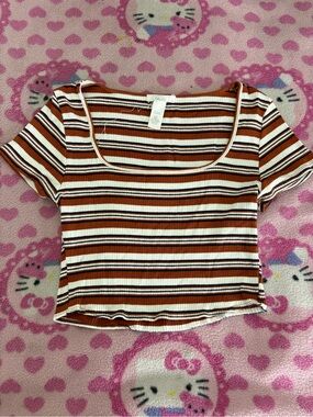 Full Tilt Striped Ribbed Square-Neck Crop Top in Brown, White & Black